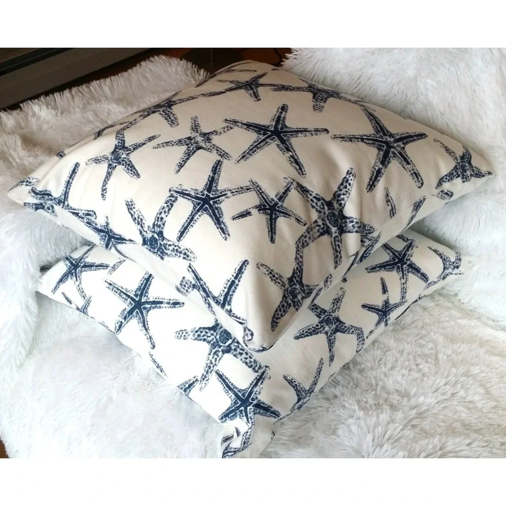Starfish 20X20 Zippered Throw Pillow‎ Covers Pair Navy White Premier Prints NEW